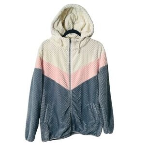 Prissy Jane Sherpa Fleece Hooded Jacket Colorblock Full Zip XL Cozycore Feminine